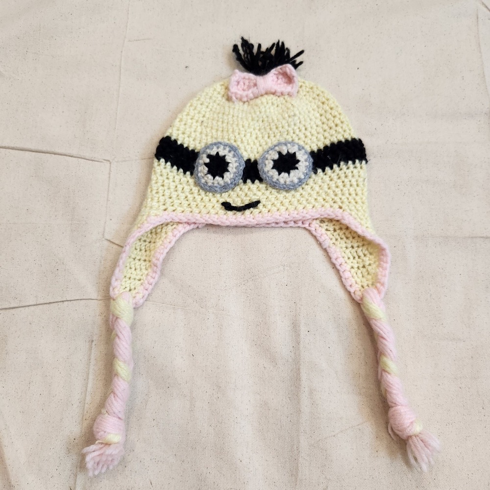 Handcrafted Minion Earflap Beanie Hat Braids Pink Bow Girls Kids Youth Handmade